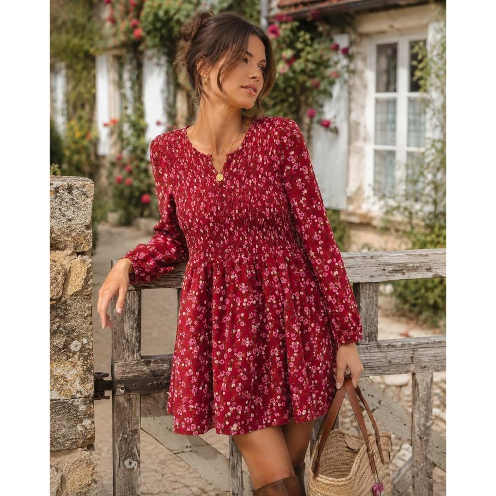 GB Girls XL Red Floral Smocked Long Sleeve Babydoll Dress Cottagecore